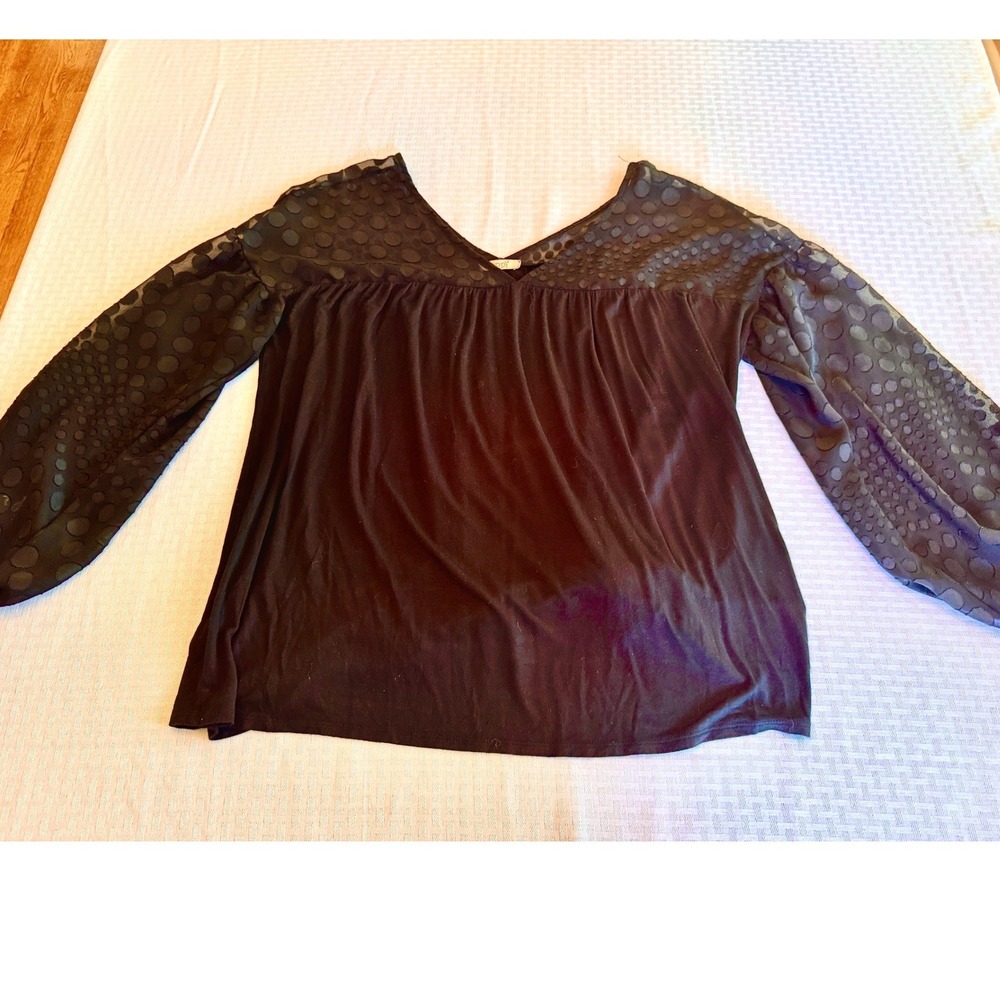 Oddi Black Sheer Polka Dot Balloon Sleeve V-Neck Blouse M/L T63392 Boho Top